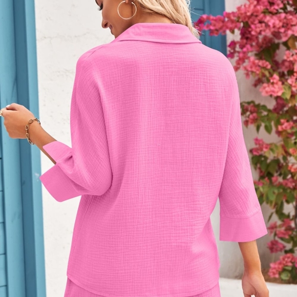 Textured Shirt and Elastic Waist Shorts - Pink - Picture 4 of 7